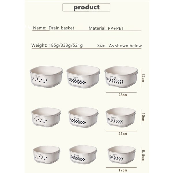 Three-piece draining baskets